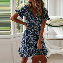 将图片加载到图库查看器，Aachoae Women Dresses Summer 2021 Sexy V Neck Floral Print Boho Beach Dress Ruffle Short Sleeve A Line Mini Dress Sundress Robe
