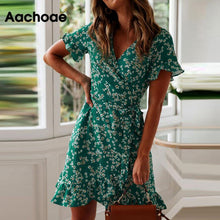 将图片加载到图库查看器，Aachoae Women Dresses Summer 2021 Sexy V Neck Floral Print Boho Beach Dress Ruffle Short Sleeve A Line Mini Dress Sundress Robe
