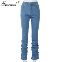 將圖片載入圖庫檢視器 Simenual Ruched Denim Blue High Waist Stacked Jeans Women Clothing Streetwear
