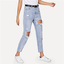 Load image into Gallery viewer, ROMWE Jeans Woman Cut Out Ripped Jeans
