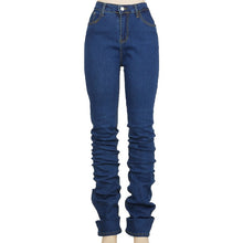 將圖片載入圖庫檢視器 Simenual Ruched Denim Blue High Waist Stacked Jeans Women Clothing Streetwear
