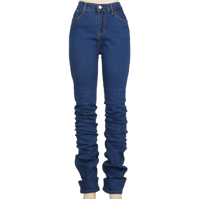 Simenual Ruched Denim Blue High Waist Stacked Jeans Women Clothing Streetwear