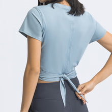 将图片加载到图库查看器，SUNLIGHT Women Waist Cross Wrapping Brushed Workout Crop Shirts Short Sleeve Sports Tops Back Tie Fitness Yoga Tees
