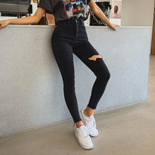 將圖片載入圖庫檢視器 Sexy High Waist Tassel Ripped Holes Denim Pants Female Trousers Pencil Jeans Women Skinny Pants Black Jeans
