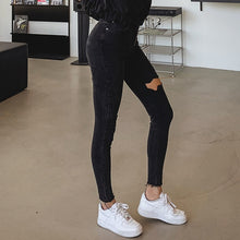 将图片加载到图库查看器，Sexy High Waist Tassel Ripped Holes Denim Pants Female Trousers Pencil Jeans Women Skinny Pants Black Jeans
